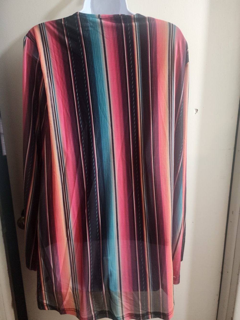 Crazy Train Striped V-Neck Top in Pink, Turquoise & Black - Picture 4 of 4